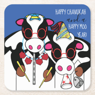 Happy Cows Chanukah Square Paper Coaster