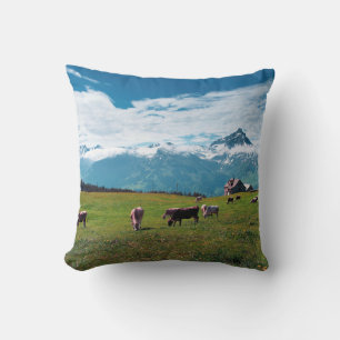 Happy Cows on the Farm in Switzerland Throw Pillow