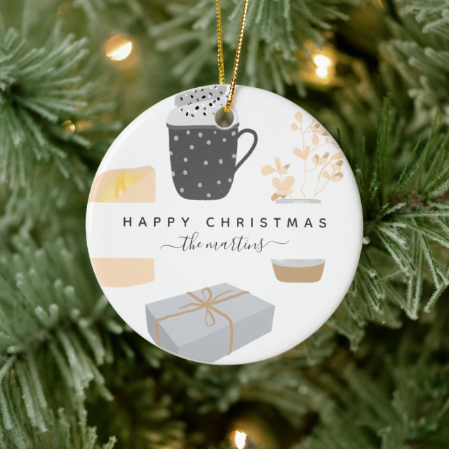Happy Cozy Christmas Illustrated with Name Ceramic Ornament (Tree)
