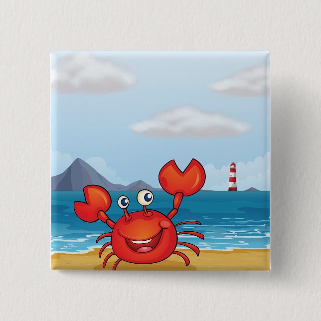 Happy Crab on Beach with Lighthouse Button (Front)