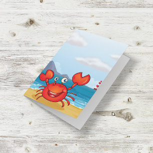 Happy Crab on Beach with Lighthouse Card