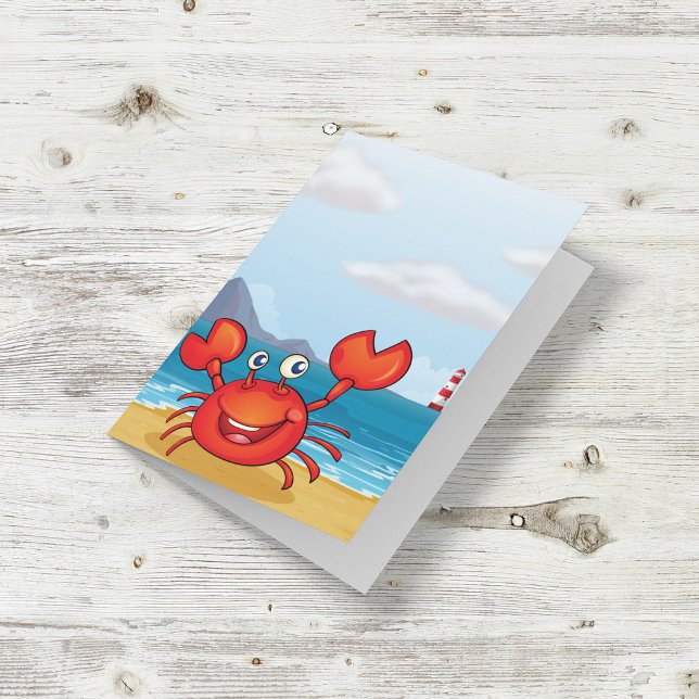 Happy Crab on Beach with Lighthouse Card (Creator Uploaded)
