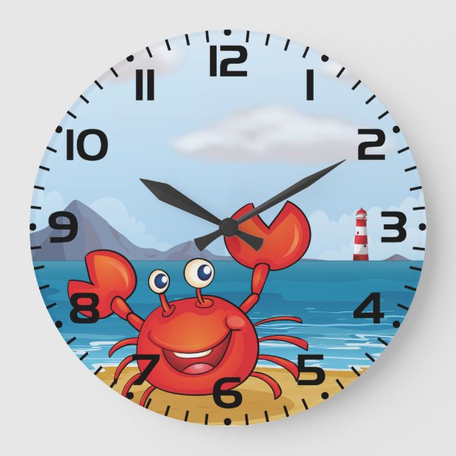 Happy Crab on Beach with Lighthouse Large Clock (Front)
