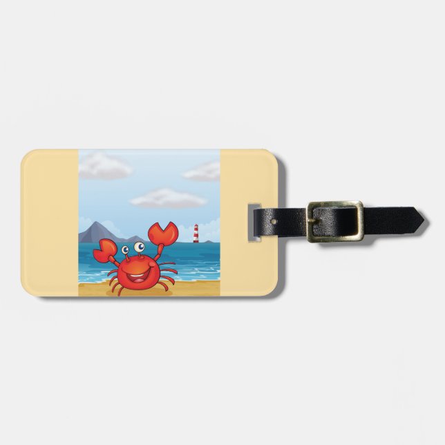 Happy Crab on Beach with Lighthouse Luggage Tag (Front Horizontal)