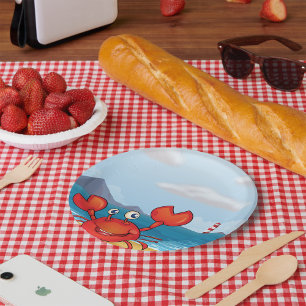 Happy Crab on Beach with Lighthouse Paper Plates