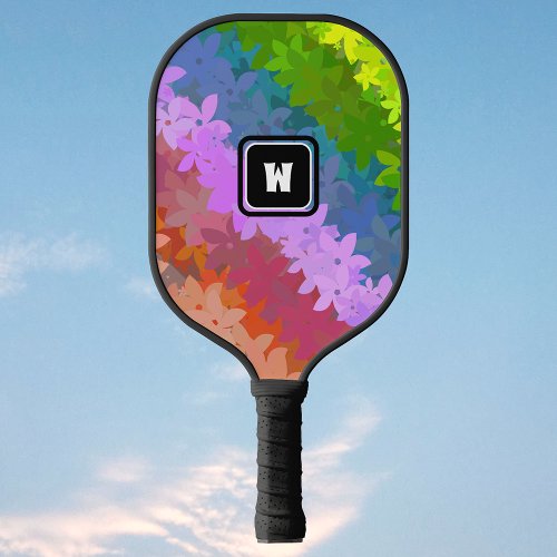 Happy Crazy Retro Rainbow Flowers with Initial Pickleball Paddle