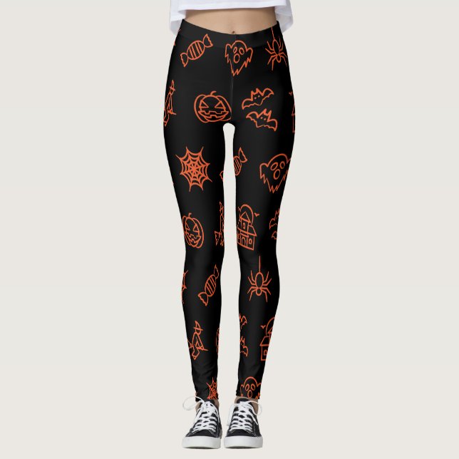 Happy creepy Halloween pattern - Black and orange Leggings (Front)