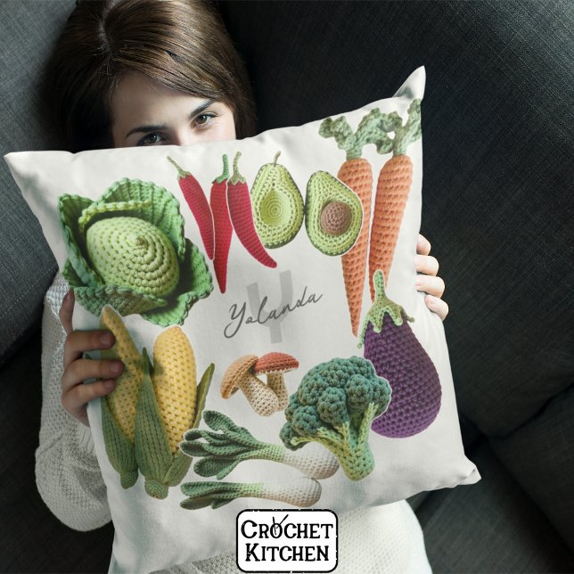 Happy Crochet Vegetable Mushroom Collage Monogram Throw Pillow (Creator Uploaded)