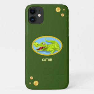 Happy crocodile & golden confetti on green forest iPhone 11 case