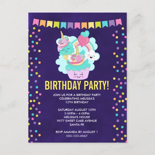 Happy Cupcake and Ice Cream Birthday Party Invitation Postcard