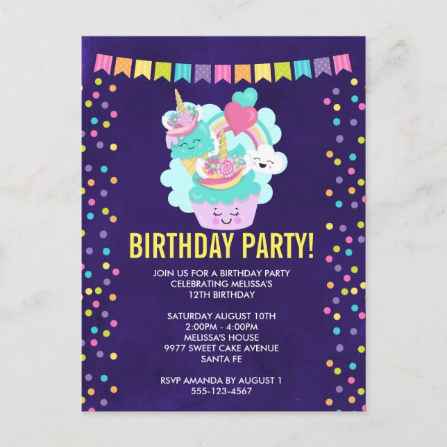 Happy Cupcake and Ice Cream Birthday Party Invitation Postcard (Front)