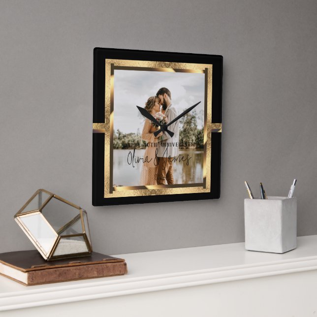 Happy Custom Year Anniversary, Black and Gold Square Wall Clock (Office)