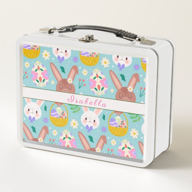 Happy Customize Easter Cute Rabbits Metal Lunch Box (Front)