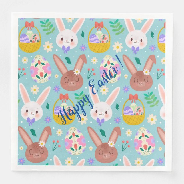 Happy Customize Easter Cute Rabbits Paper Dinner Napkins (Front)