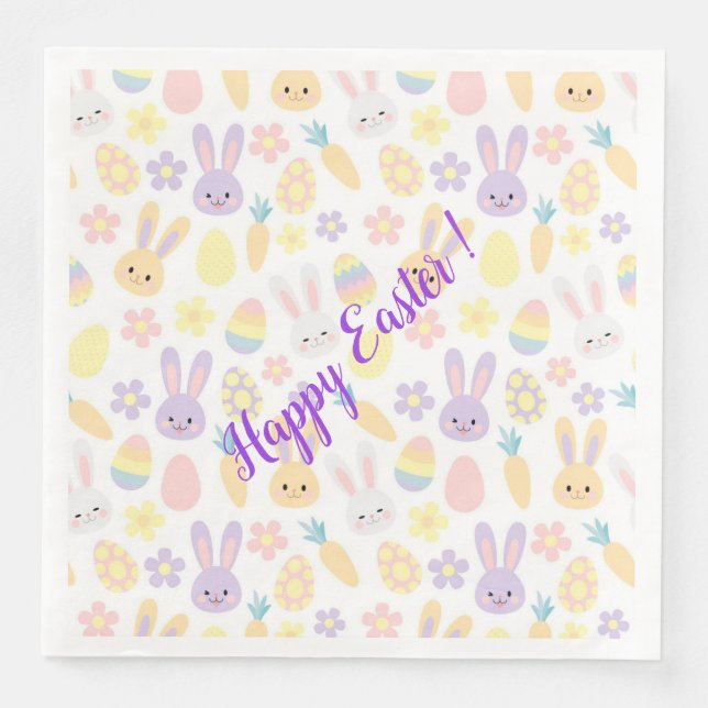 Happy Customize Easter Purple Rabbit Paper Dinner Napkins (Front)