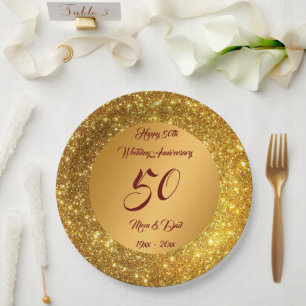 Happy Customize Gold Glitter 50th Anniversary Paper Plates