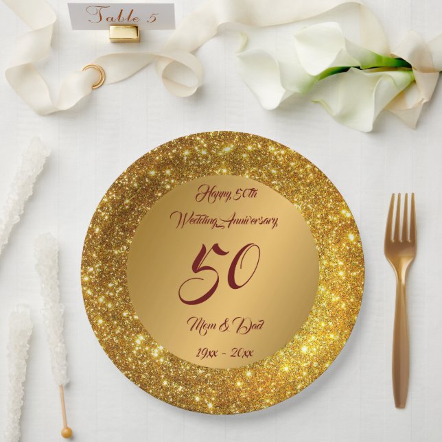 Happy Customize Gold Glitter 50th Anniversary Paper Plates (Wedding)