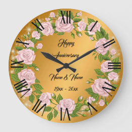 Happy Customize Gold Rose Anniversary Large Clock