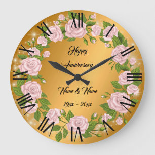 Happy Customize Gold Rose Anniversary Large Clock