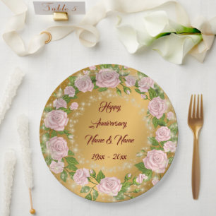 Happy Customize Gold Rose Anniversary Paper Plates