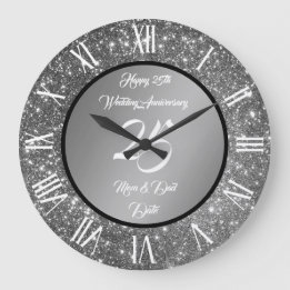 Happy Customize Silver Glitter 25th Anniversary Large Clock