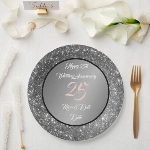 Happy Customize Silver Glitter 25th Anniversary Paper Plates