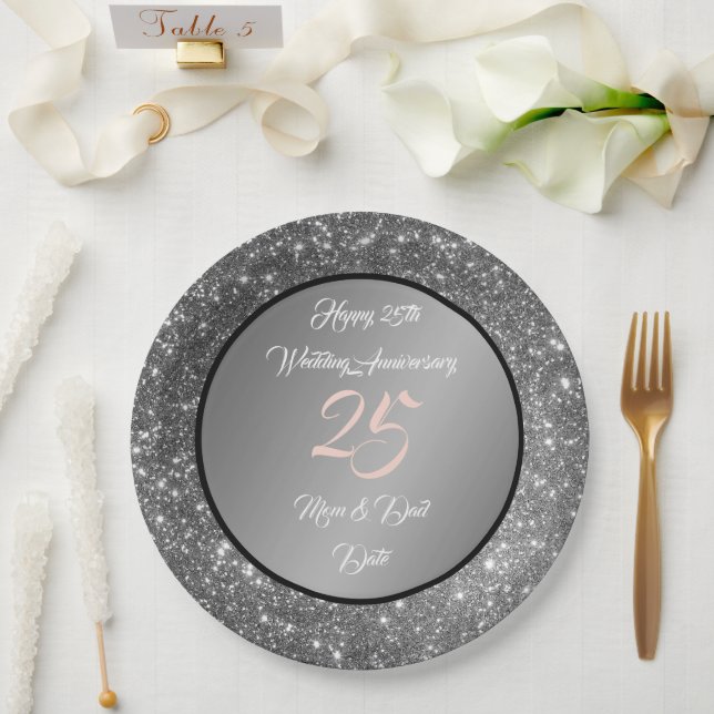 Happy Customize Silver Glitter 25th Anniversary Paper Plates (Wedding)
