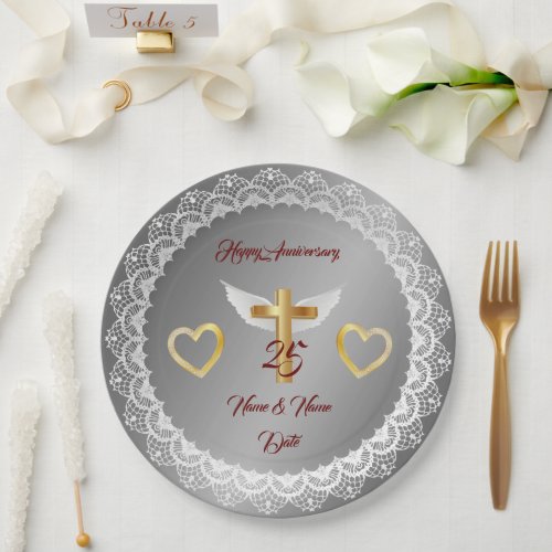 Happy Customize Silver Lace Anniversary Paper Plates