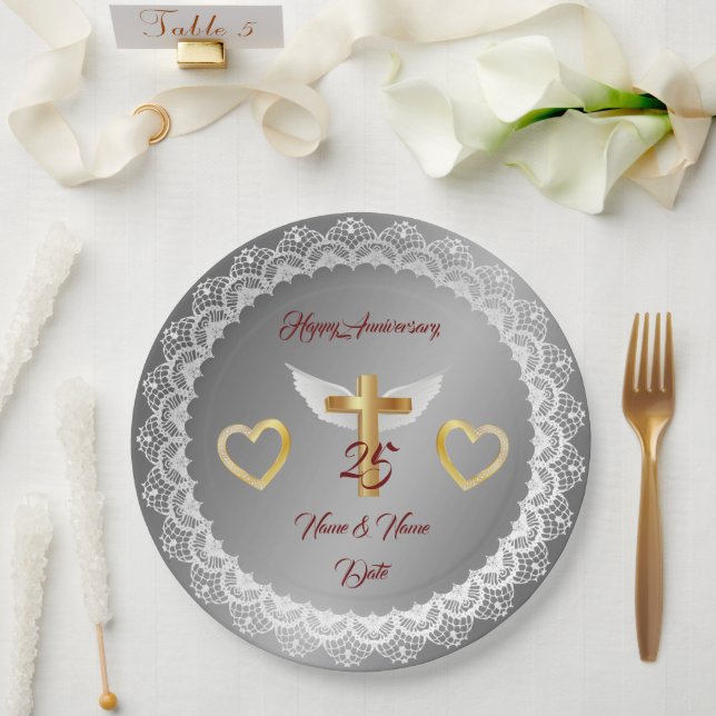 Happy Customize Silver Lace Anniversary Paper Plates (Wedding)