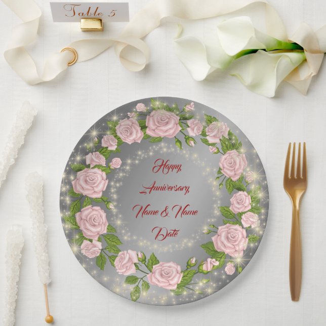 Happy Customize Silver Rose Anniversary Paper Plates (Wedding)