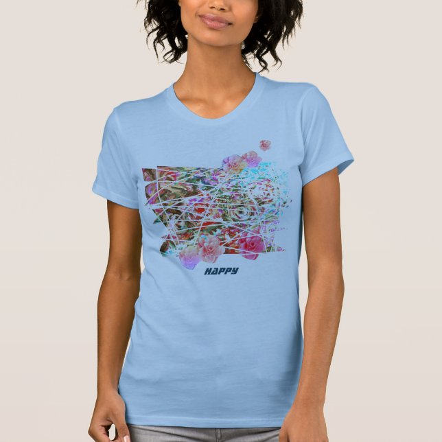 HAPPY cute art t-shirt with semi-abstract flowers (Front)