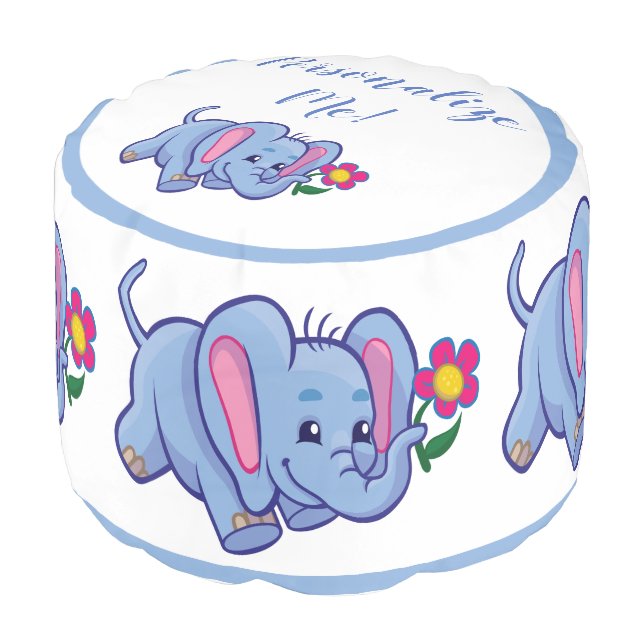 Happy Cute Baby Elephant Blue Boy's Room Pouf (Angled Front)