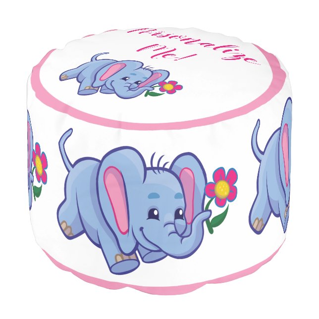 Happy Cute Baby Elephant Pink Girly Personalized Pouf (Angled Front)