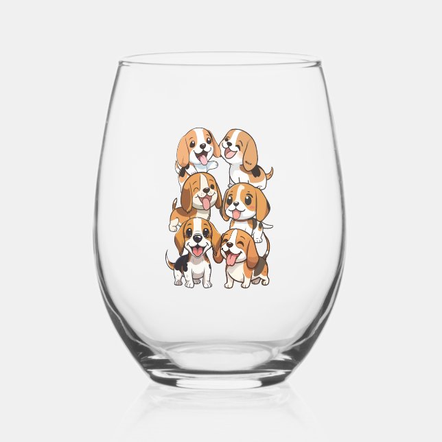 happy cute beagle dogs stemless wine glass (Front)