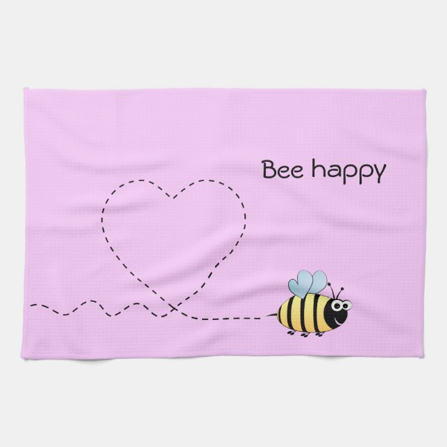 Happy cute bee cartoon pun pink kitchen towel (Horizontal)