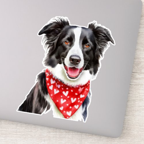 Happy Cute Border Collie with Red Heart Bandana Sticker