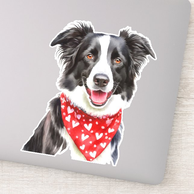 Happy Cute Border Collie with Red Heart Bandana Sticker (Detail)
