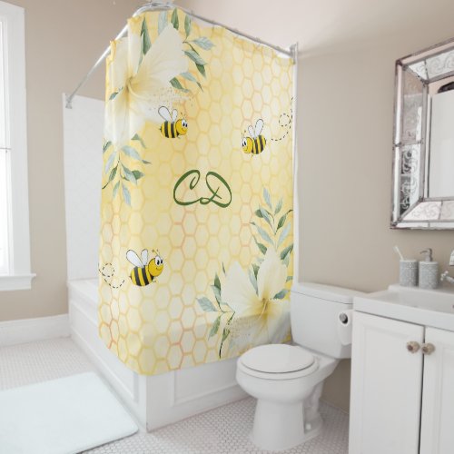 Happy cute bumble bees yellow honeycomb monogram shower curtain