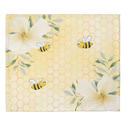 Happy cute bumble bees yellow honeycomb sweet duvet cover