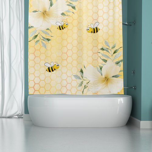 Happy cute bumble bees yellow honeycomb sweet shower curtain