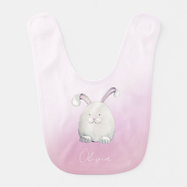 Happy Cute Bunny Illustration Baby Bib (Front)