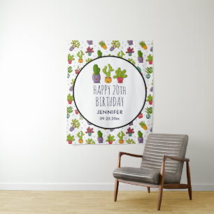 Happy Cute Cactus in Flower Pots Fun Birthday Tapestry