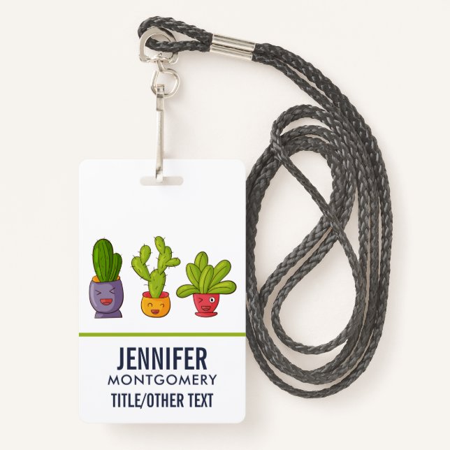 Happy Cute Cactus in Flower Pots Fun Illustration Badge (Front with Lanyard)