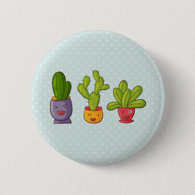 Happy Cute Cactus in Flower Pots Fun Illustration Button (Front)