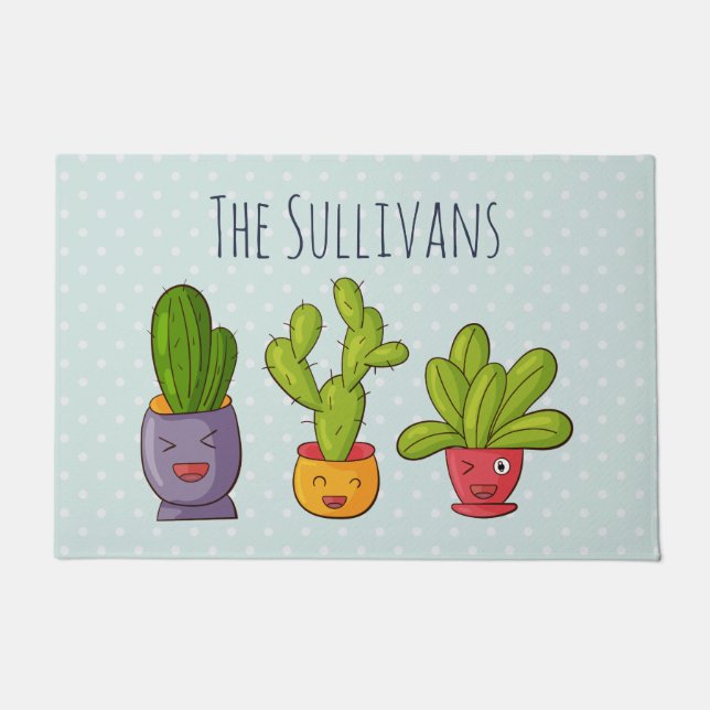 Happy Cute Cactus in Flower Pots Fun Illustration Doormat (Front)