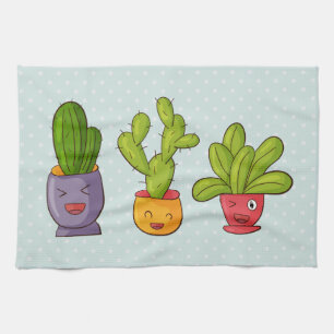 Happy Cute Cactus in Flower Pots Fun Illustration Kitchen Towel