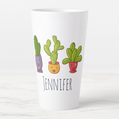 Happy Cute Cactus in Flower Pots Fun Illustration Latte Mug