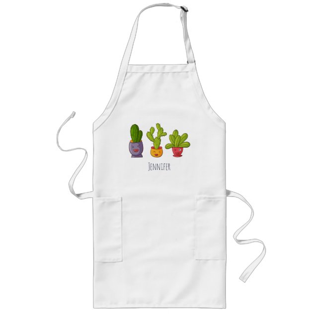 Happy Cute Cactus in Flower Pots Fun Illustration Long Apron (Front)