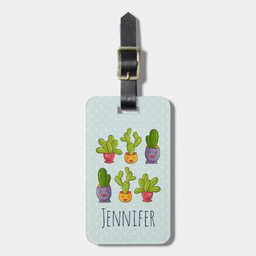 Happy Cute Cactus in Flower Pots Fun Illustration Luggage Tag