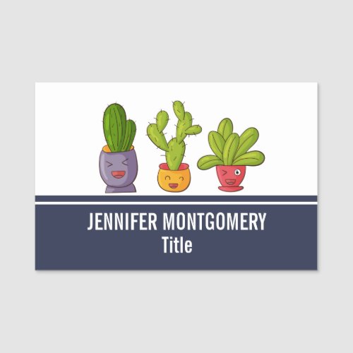 Happy Cute Cactus in Flower Pots Fun Illustration Name Tag
